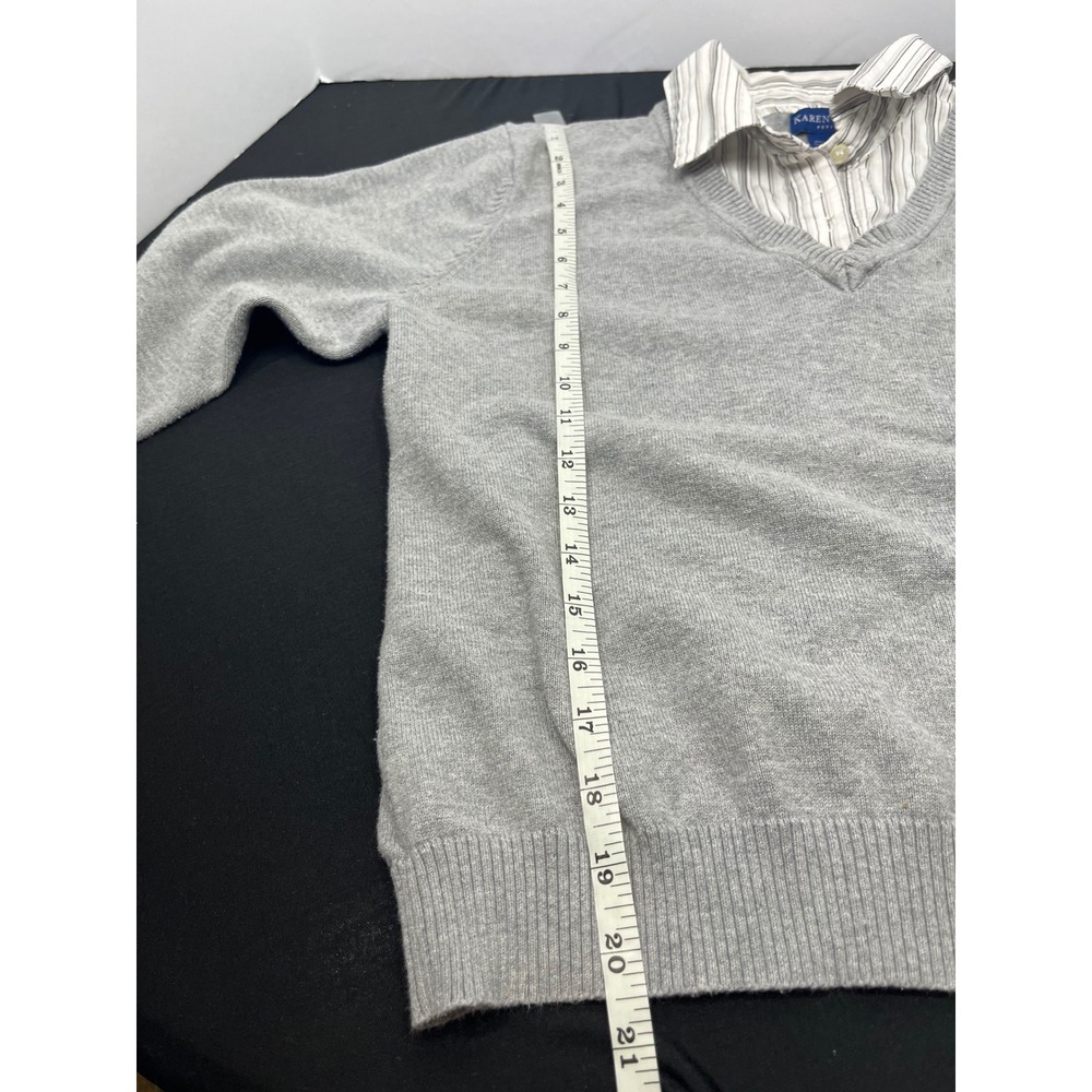 Karen Scott Petites Grey V-Neck Layered Look Sweater Striped Collar Size PL